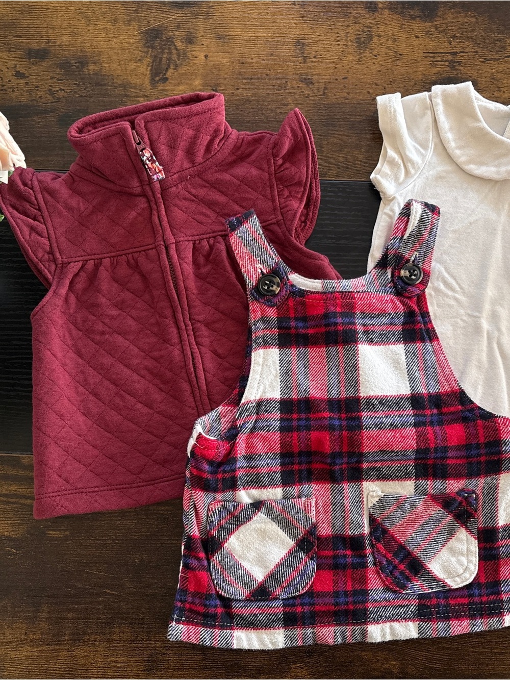 Girl’s 3-6m Burgundy Quilted Vest with Red, White and Black Plaid Pinafore Set